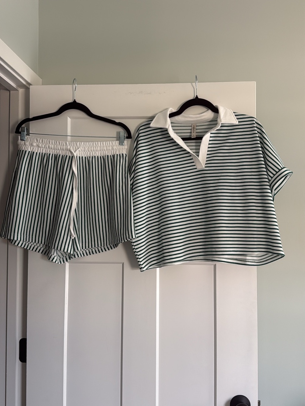 Zenana Green and White Striped Polo Set